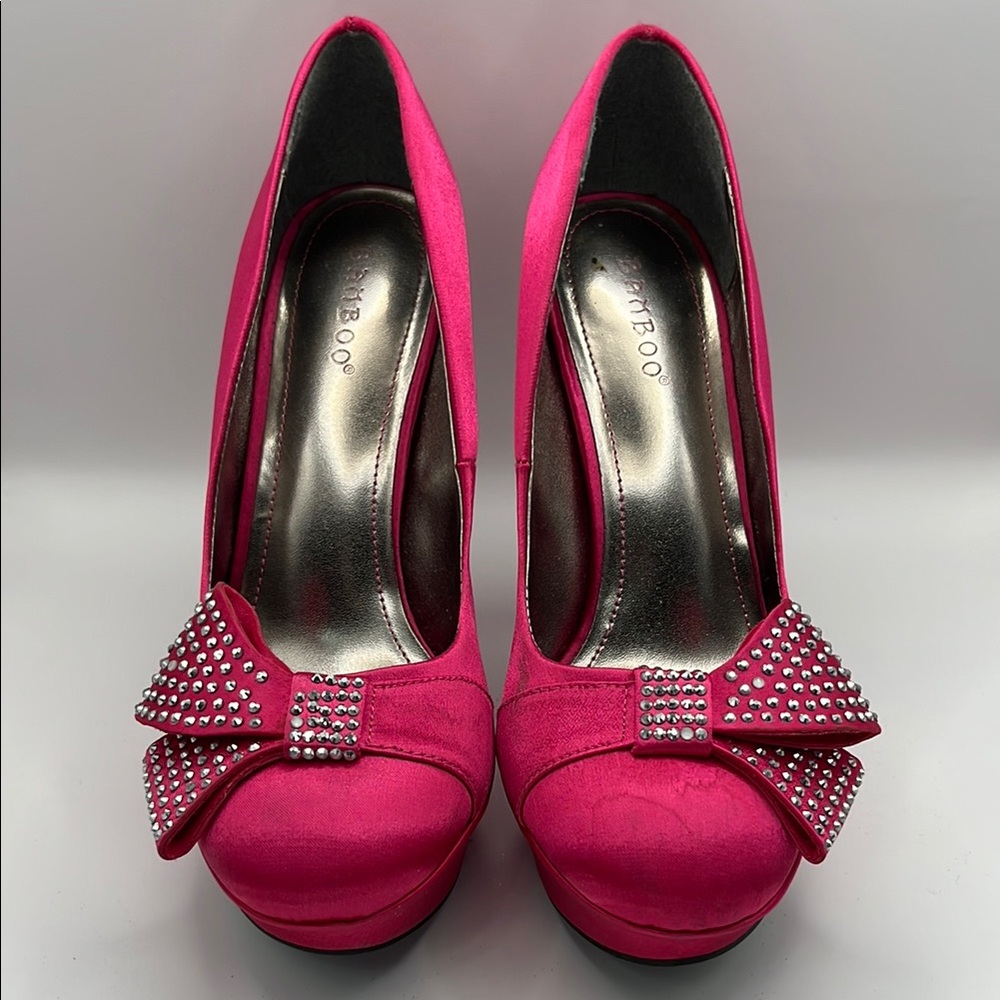 Bamboo Women's Pink Heels with Rhinestone Bow